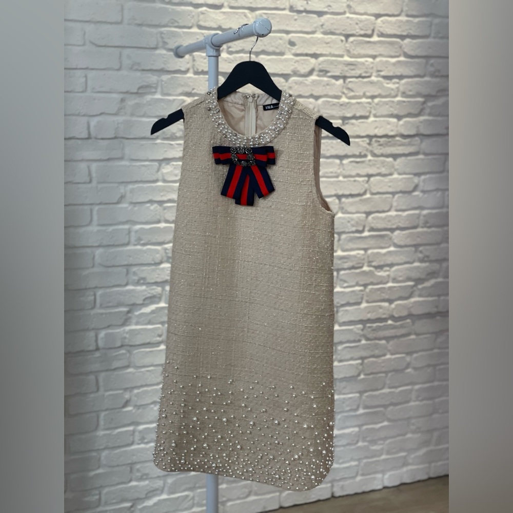 Ina Tweed Pearl Shift Dress | Detachable Bow | Ivory | Small